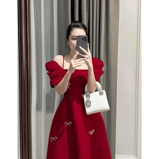 ĐẦM TAFTA MIDI TAY PHỒNG RỚT VAI ĐÍNH NƠ BIGSIZE