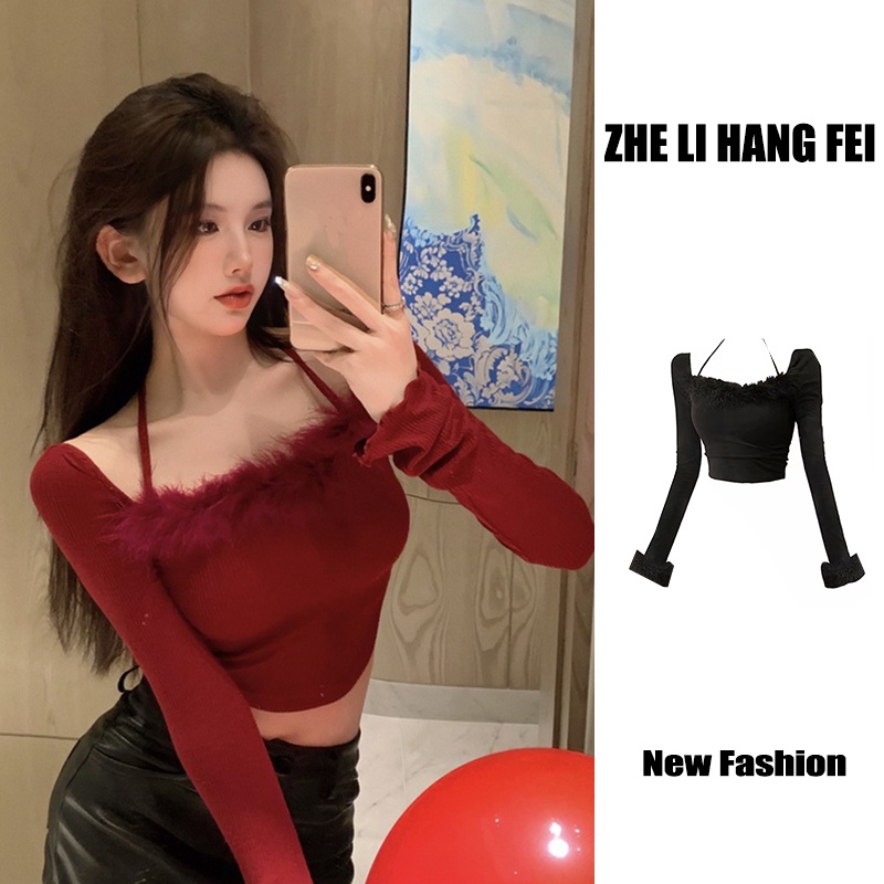 ZHELIHANGFEI Áo Dệt Kim Trễ Vai Tay Dài Dáng Ôm Gợi Cảm Cho Nữ