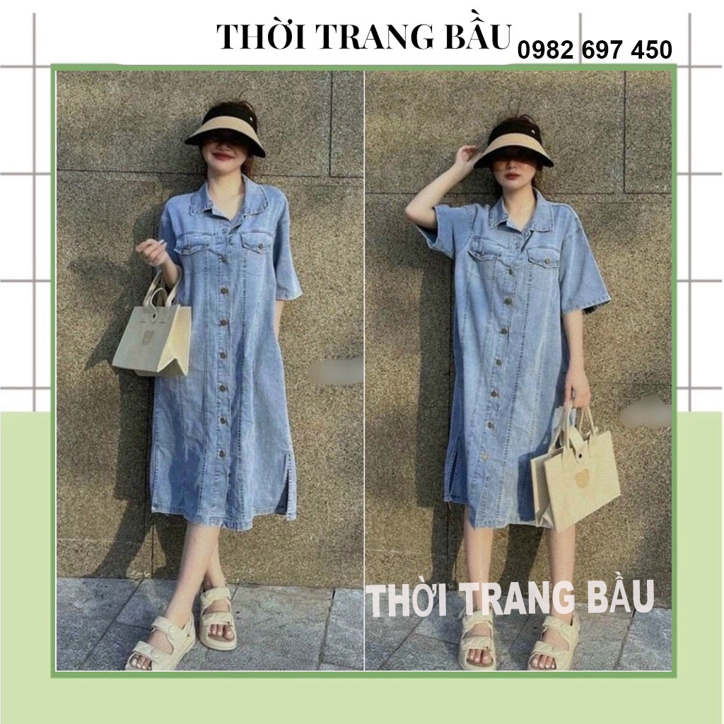 ĐẦM BẦU JEANS DÁNG DÀI SUÔNG CỔ SƠ MI CÓ TÚI NẮP - VÁY BẦU CHẤT BÒ MỀM MỊN HÀNG LOẠI 1 SIÊU SANG