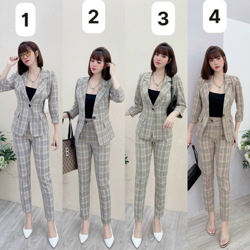 set vest kẻ 1 cúc