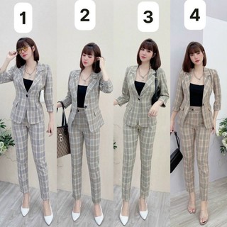 Set vest kẻ 1 cúc