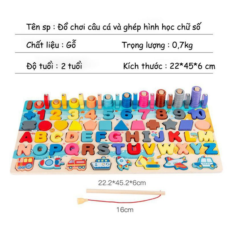 Bộ Bảng Gỗ Câu Cá Gỗ Ghép Hình Học, Chữ Số, Chữ Cái, Phương Tiện Giúp Bé Phát Triển Trí Tuệ