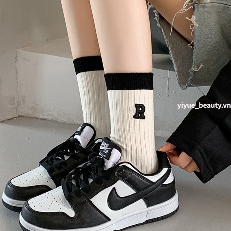 Vớ Cotton Cổ Cao Họa Tiết Kẻ Sọc Màu Sắc Đơn Giản Thời Trang Xuân Thu Cho Nữ