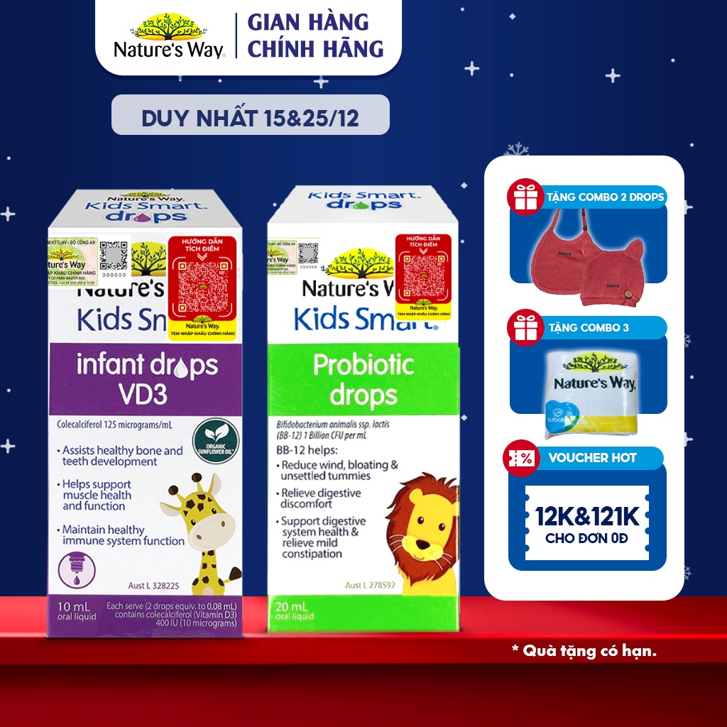 Combo 2 Hộp Nature's Way Kids Smart Drops Probiotic Bổ Sung Men Vi Sinh Và Infant Drops VD3 Bổ Sung Vitamin D Cho Bé