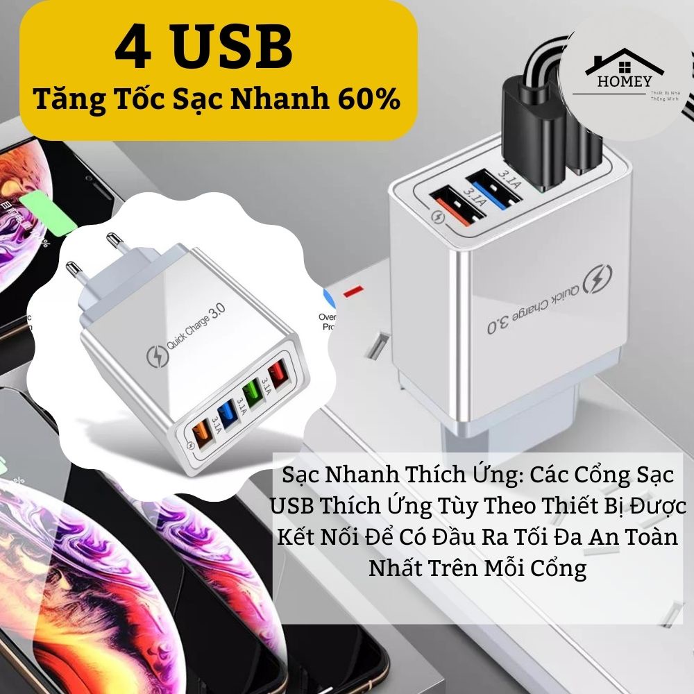Homey - Củ Sạc USB QC 3.0 - Tiện Lợi &amp; Thông Minh - Hỗ Trợ Sạc Nhanh Chuẩn QC 3.0 - Phù Hợp Với Nhiều Thiết Bị Hiện Hành