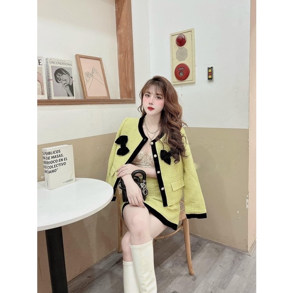 Set áo nơ chân váy dạ vàng chanh sang chảnh-pl43