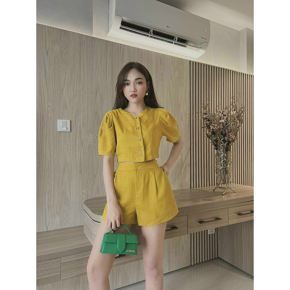 [Sale FreeShip] Sét bộ đùi nữ,bộ kiểu áo croptop tay ngắn nút ngọc mix quần cạp cao chất for cao cấp