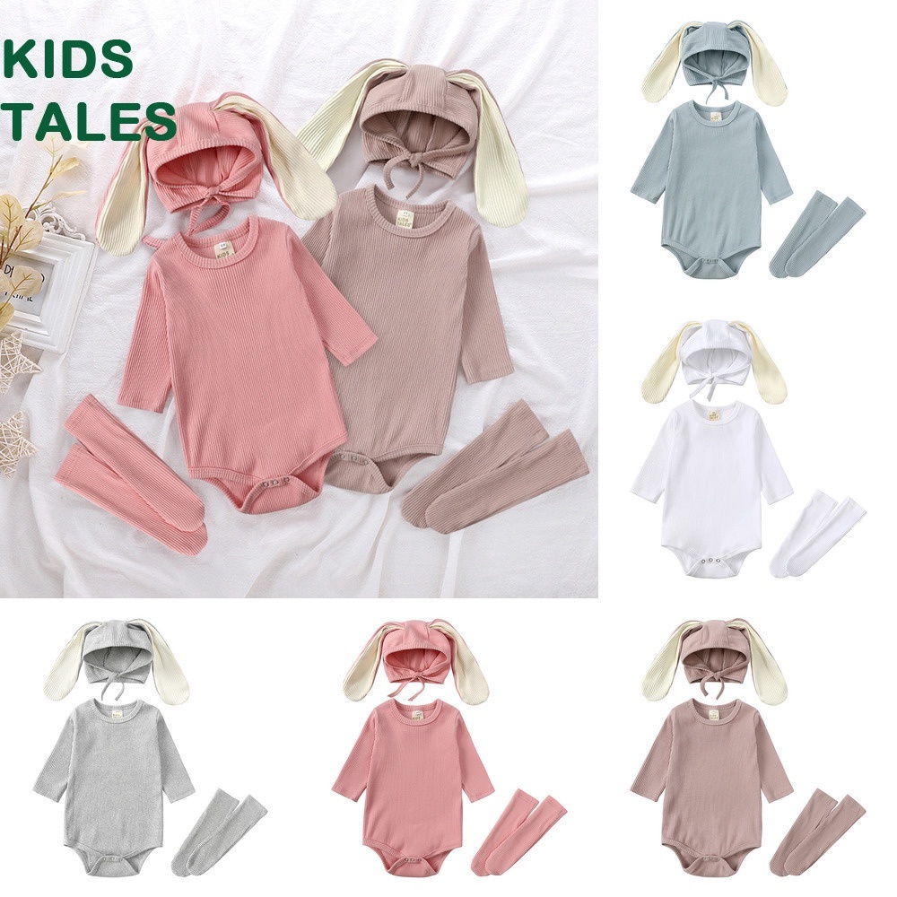 Bộ 3 Món Áo Liền Quần + Vớ + Nón Tai Thỏ Bằng Vải Cotton Màu Trơn Có Gân Trơn Cho Bé Sơ Sinh