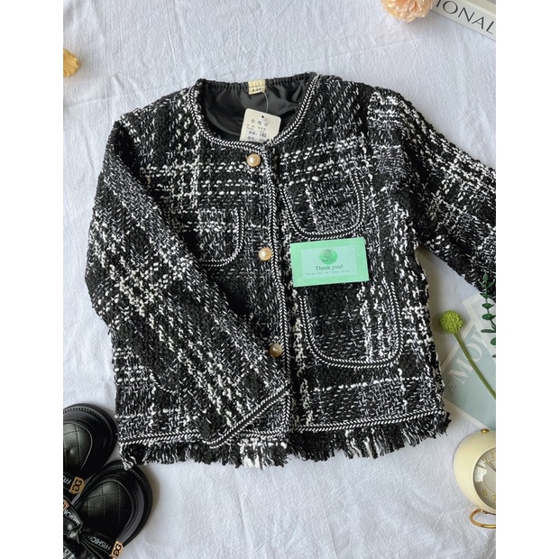 ▪️Áo khoác dạ tweed kẻ đen phong cách Hàn Quốc cho bé