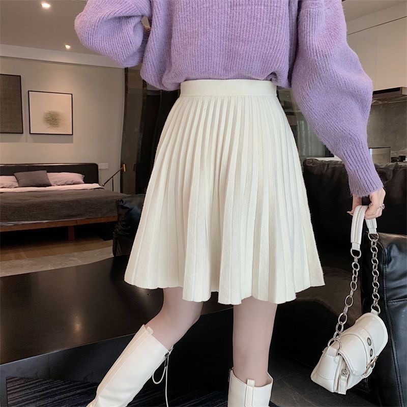 Chân váy Len Ngắn Xếp ly Dáng chữ A Lưng cao Màu trơn Ulzzang Hàn Quốc Chân váy Len Ngắn Cạp cao Thu Đông