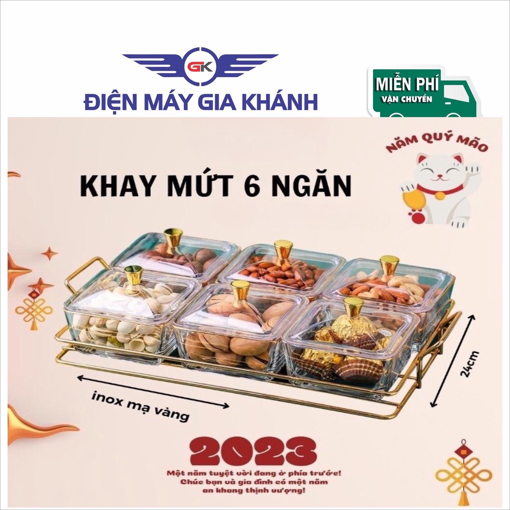 Khay Mứt Tết 6 ô Bằng Nhựa mika Có Nắp Khung Sang Trọng Tiện Lợi Dành Cho Ngày Tết