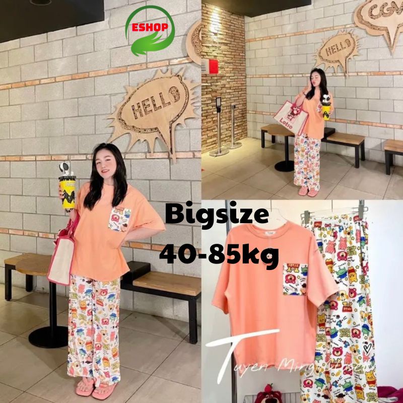 Đồ bộ nữ bigsize quần ống rộng suông cạp cao ESHOP Đồ mặc nhà quần thun gân có tui áo cotton form rộng co giãn đẹp DB137