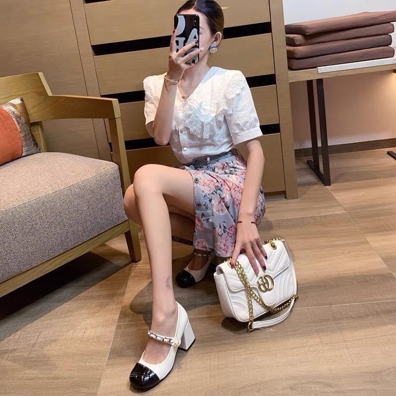 Giày nữ gót vuông 7f Miumiu da bóng pha mui, quai xích siêu xinh
