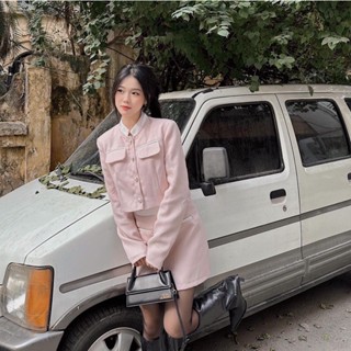 Set áo dạ tweed thiết kế Bonheur phối màu hồng cúc ngọc cổ trụ sang chảnh tiểu thư thanh lịch Katherine Set