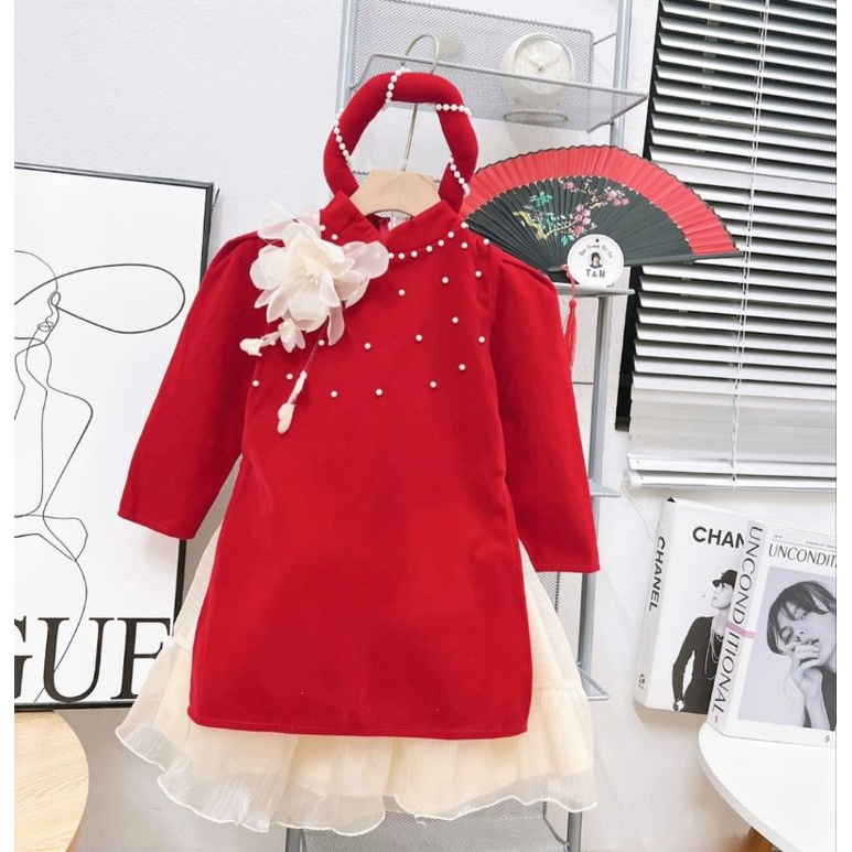 Áo dài cặp cách tân nhung đỏ bé trai bé gái chất đẹp