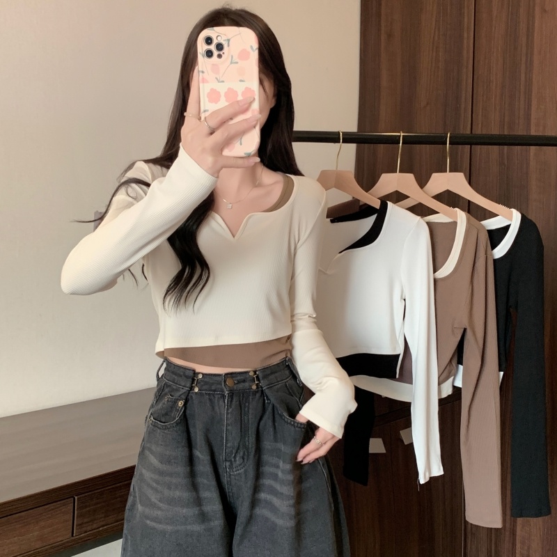 ZHELIHANGFEI Áo Thun Tay Dài Giả Hai Lớp Cổ Tròn Thời Trang Cho Nữ