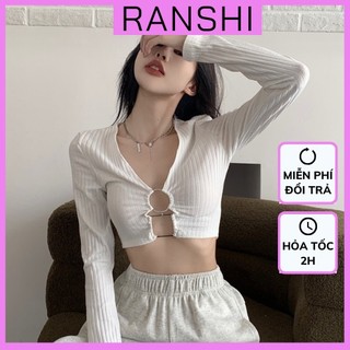 Áo croptop dài tay ranshi hàng loại 1 áo thun vải gân phối vòng khuyên siêu cá tính năng động - ra090
