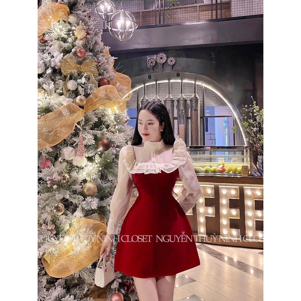 Đầm tiểu thư đi chơi tiệc, đầm nữ dễ thương chữ a hàn quốc chất nhung form đẹp mix tơ tay phồng cá tính có lót