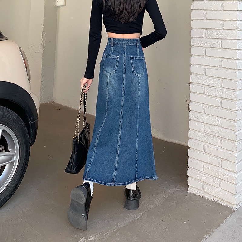 IELGY  IELGY  váy jean IELGY  dáng chữ A lưng cao phong cách retro cho nữ