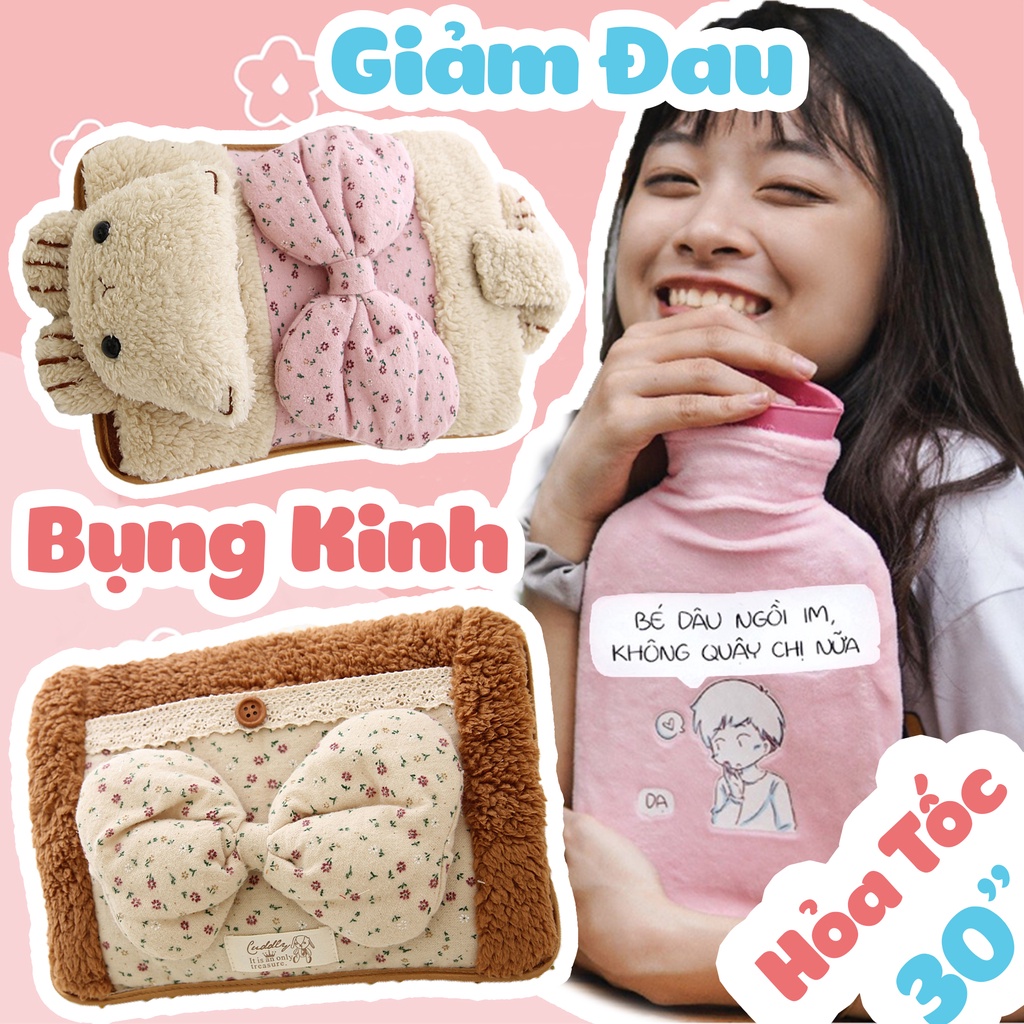 Bộ Túi Sưởi, Túi Chườm Đau Bụng Kinh- Quà Tặng Bạn Gái Và Gia Đình -Chườm Nóng, Lạnh - Sạc Điện Nơ Hoa - An Toàn Cao Cấp