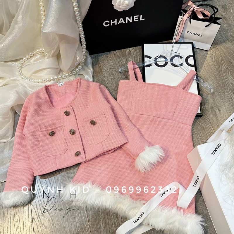 Sét Dạ 2 Món Viền Lông Bé Gái 9-32kg