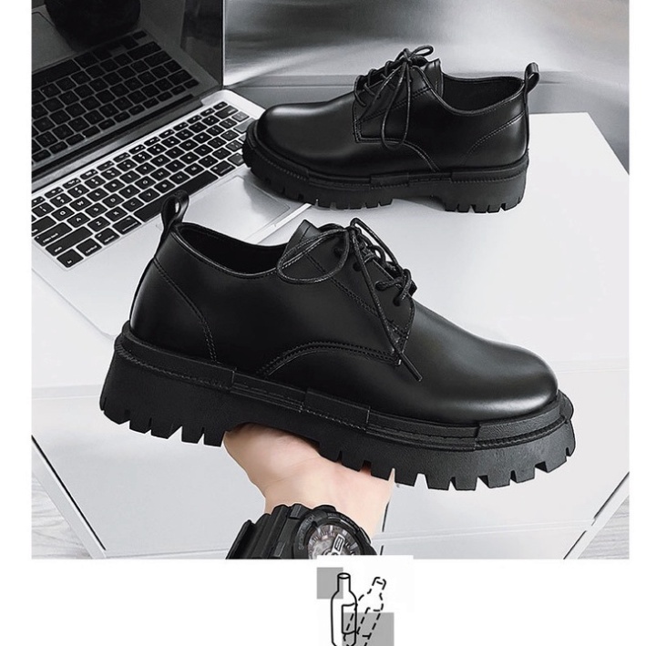 ✔️Giày nam bốt da cổ thấp mũi tròn phong cách Nhật Bản thời trang nâng chiều cao, giầy tây dr marten Đen Full Box 7601