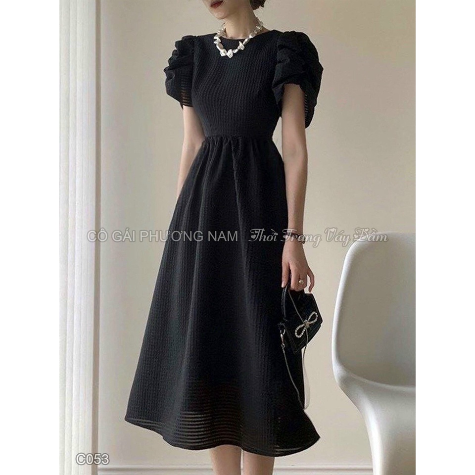 [12.12 Sales FFreeship] Đầm nữ vintage dáng dài, đầm chất xô cổ tròn ôm eo tay phồng bèo dáng xòe nhiều màu sắc xinh xắn