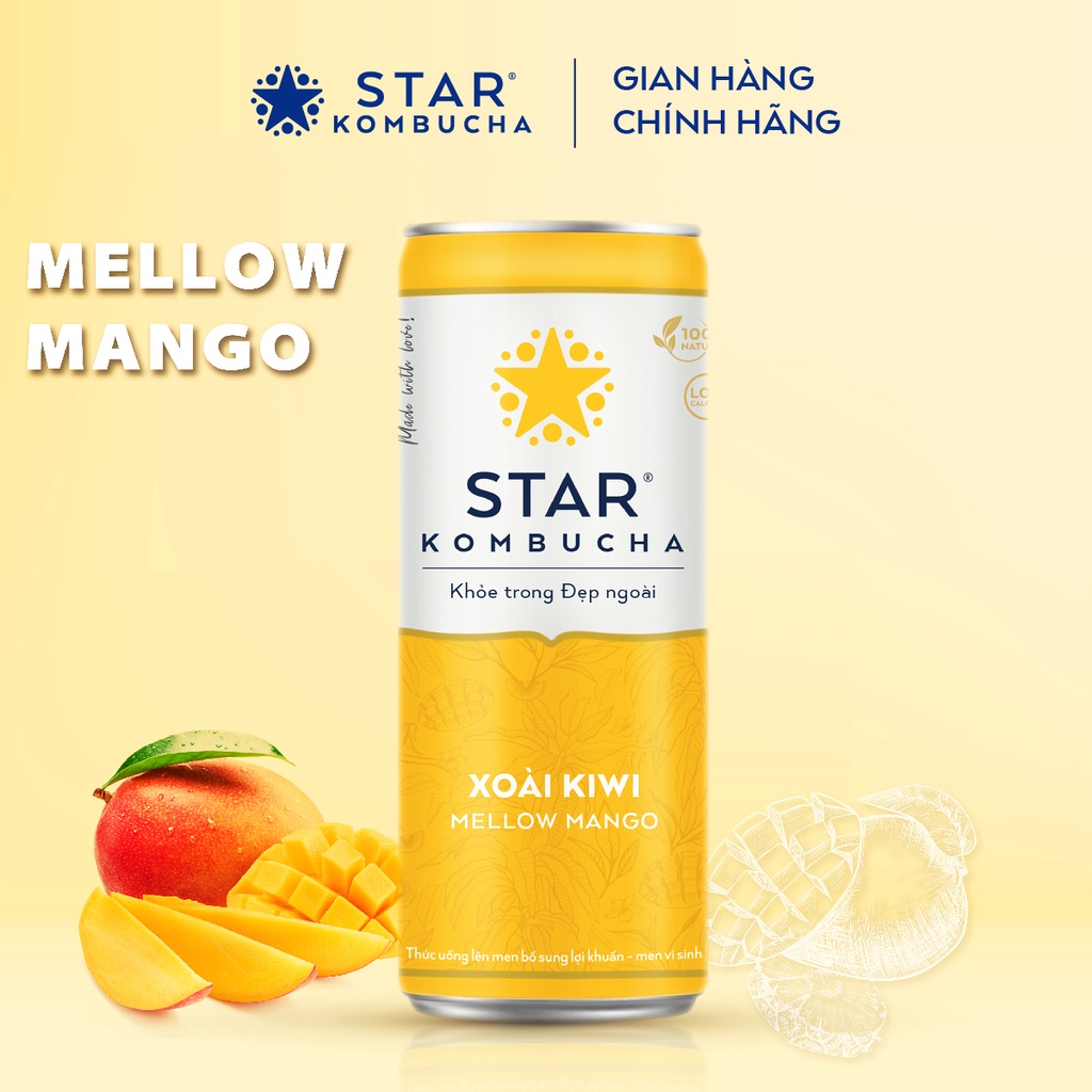 Thùng 12 lon STAR KOMBUCHA Xoài Kiwi / Mellow Mango (250ml/lon) - Trà lên men chứa probiotics tốt cho hệ tiêu hóa