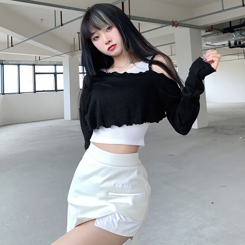 Set áo thun dài tay trễ vai + áo hai dây WEIRD PUSS màu trơn thời trang cho nữ
