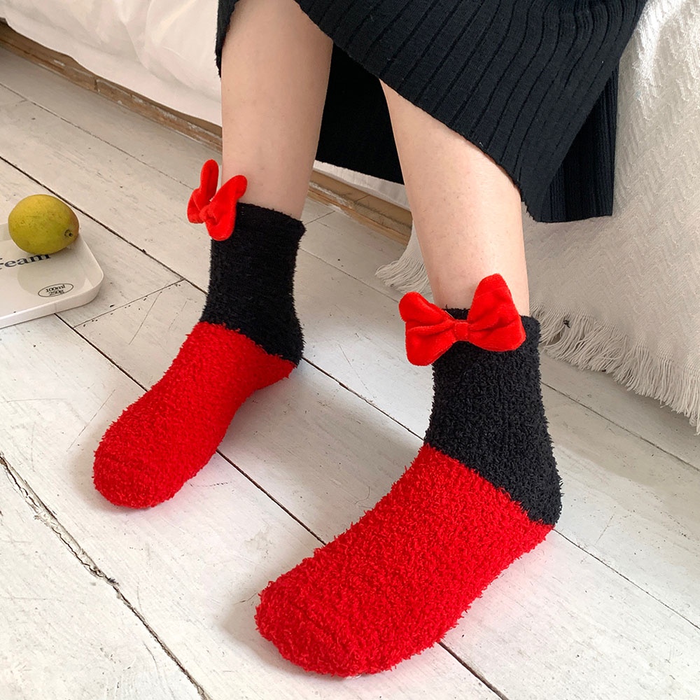 Vớ Ngủ Vải Nhung San Hô Đính Nơ Ấm Áp Thời Trang Cho Nữ