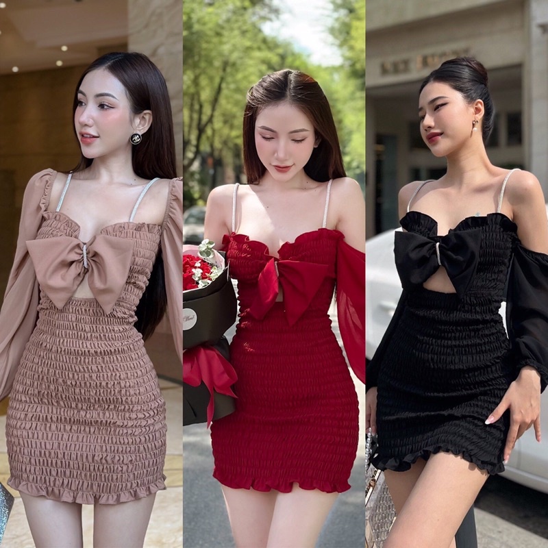 (Hình thật của sản phẩm) Đầm body tay dài nhún ôm đính nơ ngực Smoking dễ thương Yn