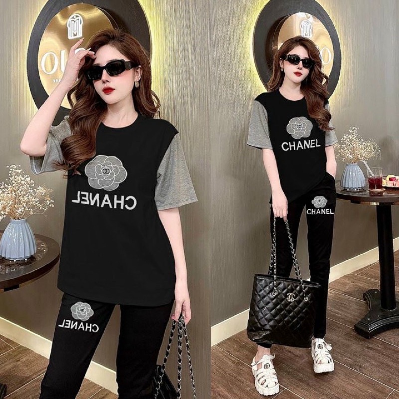 SÉT BỘ THỂ THAO NỮ  THUN COTTON ÁO PHOM RỘNG THÊU HOA VÀ CHỮ CHANE.L