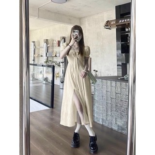 Đầm midi kem xốp dọc cột nơ (Freesiz thun co dãn)
