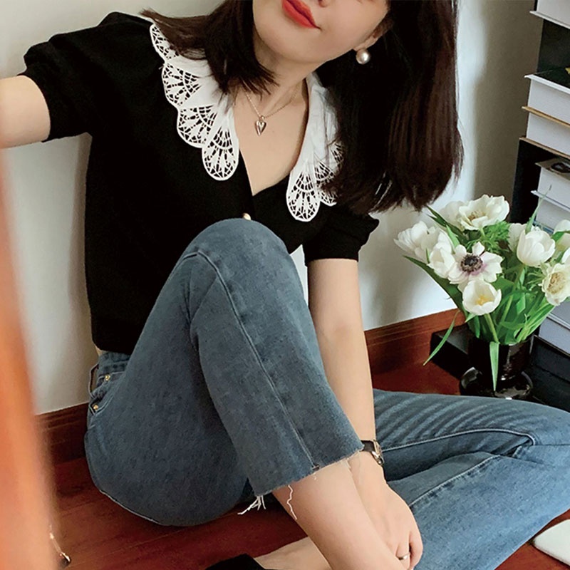 Áo Thun Dệt Kim Tay Ngắn Cổ Chữ V Thời Trang Hàn Quốc Dành Cho Nữ