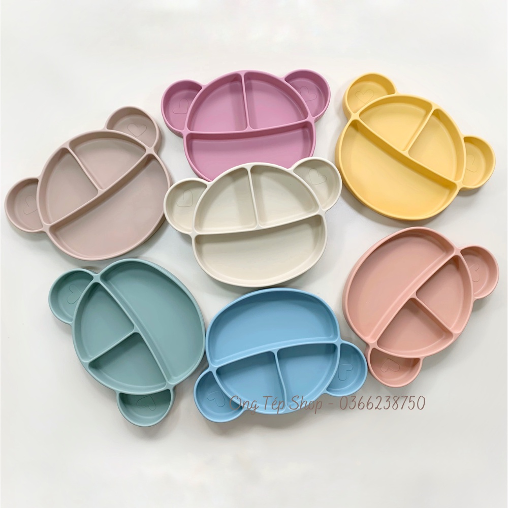 Khay ăn dặm silicon hình gấu 4 ngăn có đế hít chống lật cho bé