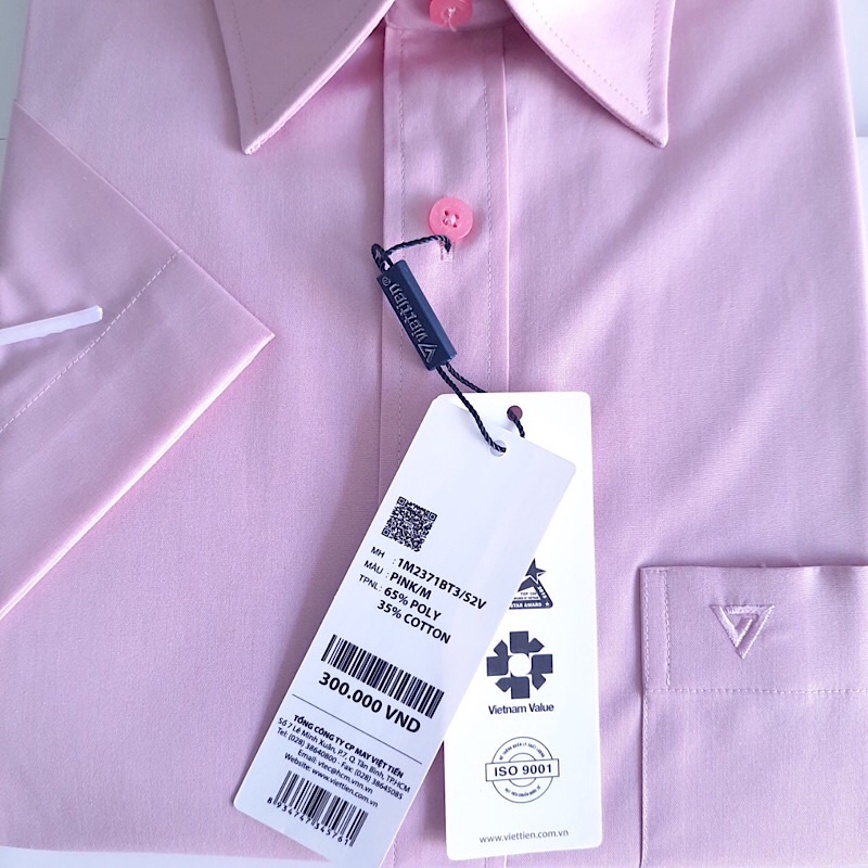 Áo sơ mi việt tiến màu hồng trơn tay ngắn