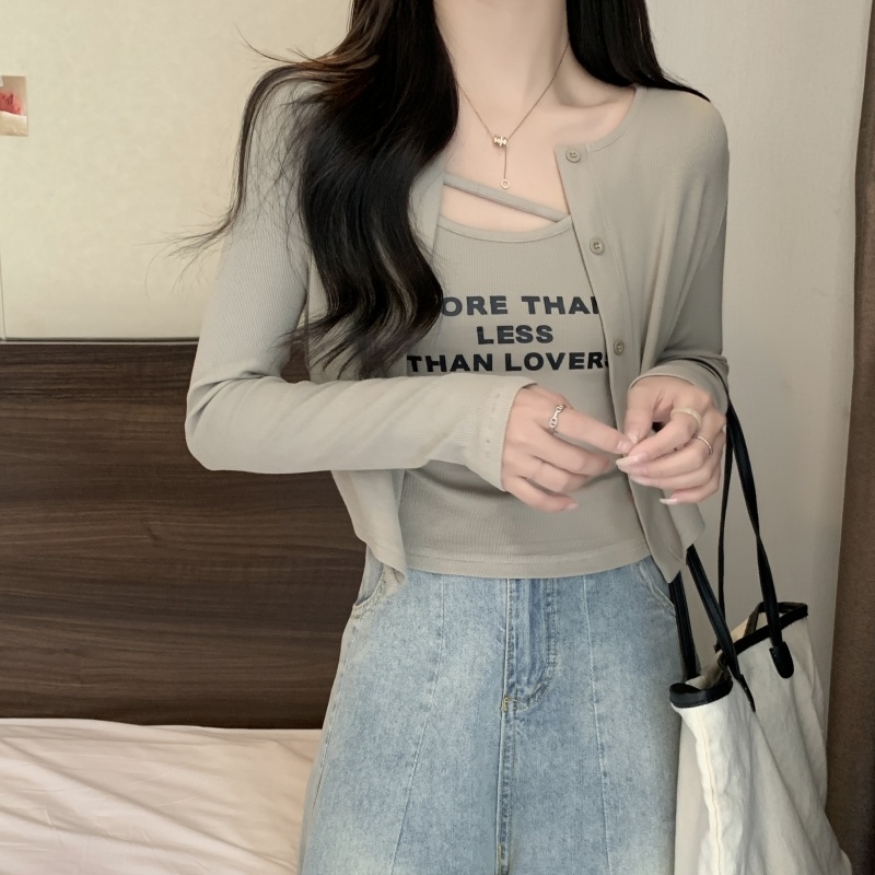 ZHELIHANGFEI Set Áo Thun Tay Dài In Họa Tiết + Áo Hai Dây Sát Nách + Quần Lưng Cao