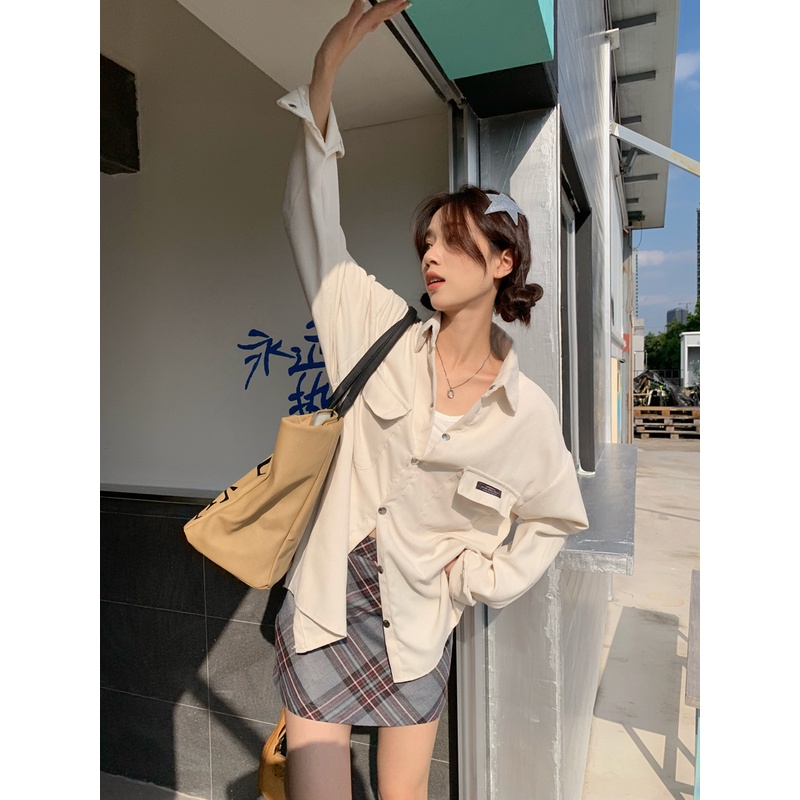 Áo Sơ Mi Nhung Kẻ Dáng Rộng Tay Dài Phong Cách Vintage Dành Cho Nữ