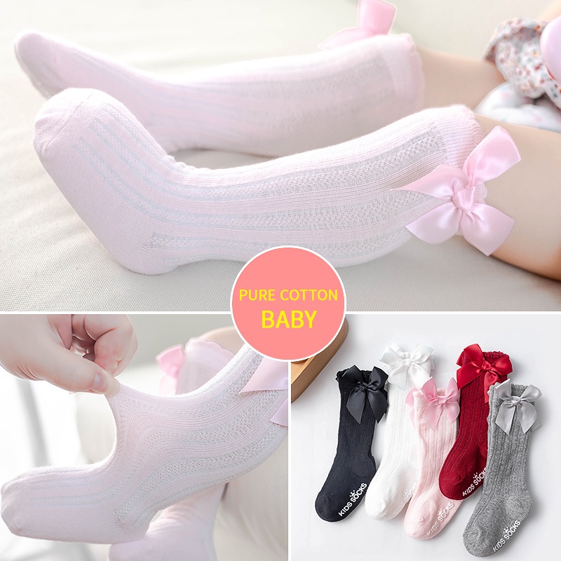 Vớ Cotton Cổ Vừa Màu Trơn Đính Nơ Phong Cách Mới Cho Bé Gái