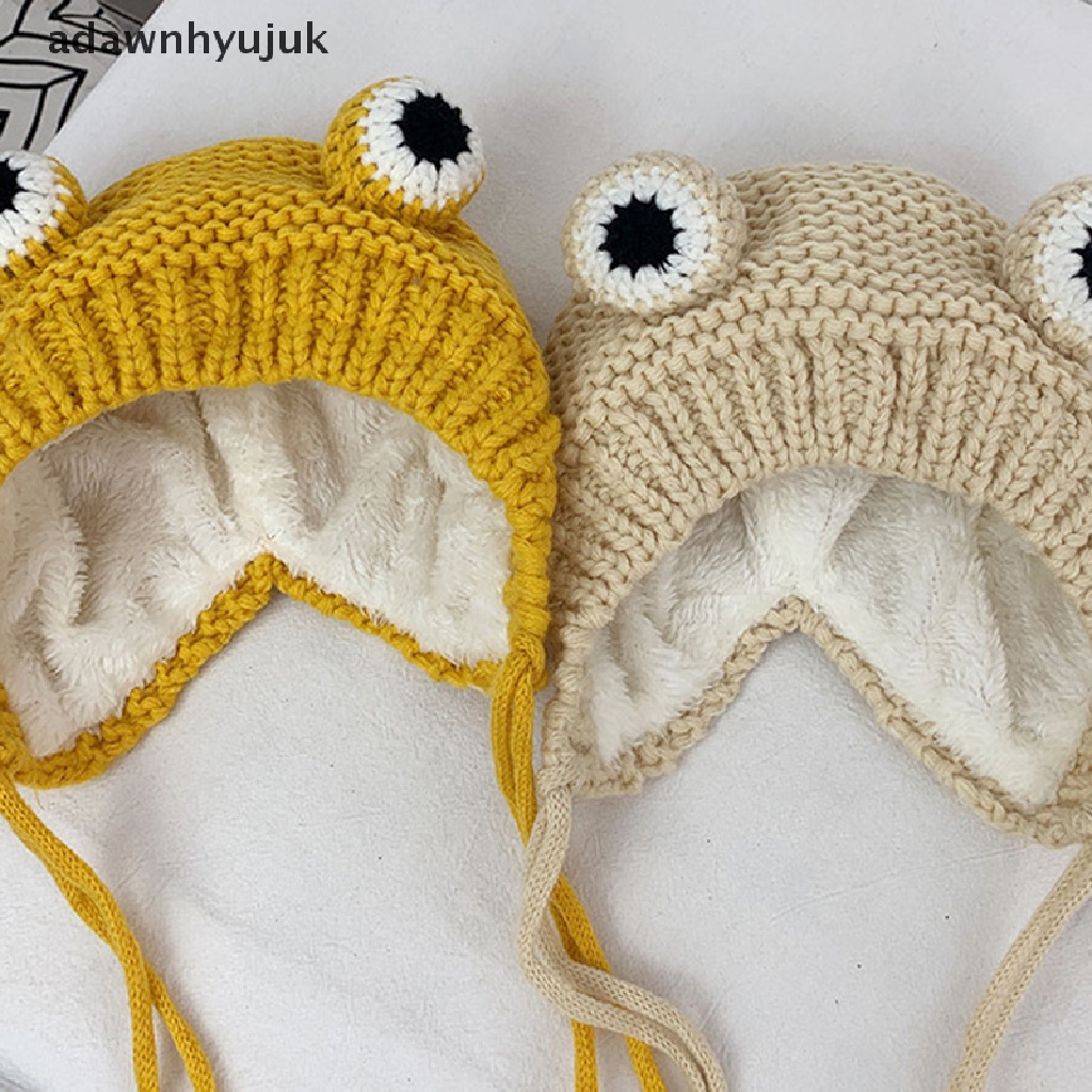 Mũ beanie Dệt Kim Hình Ếch Hoạt Hình Màu Trơn Giữ Ấm Mùa Đông Cho Bé
