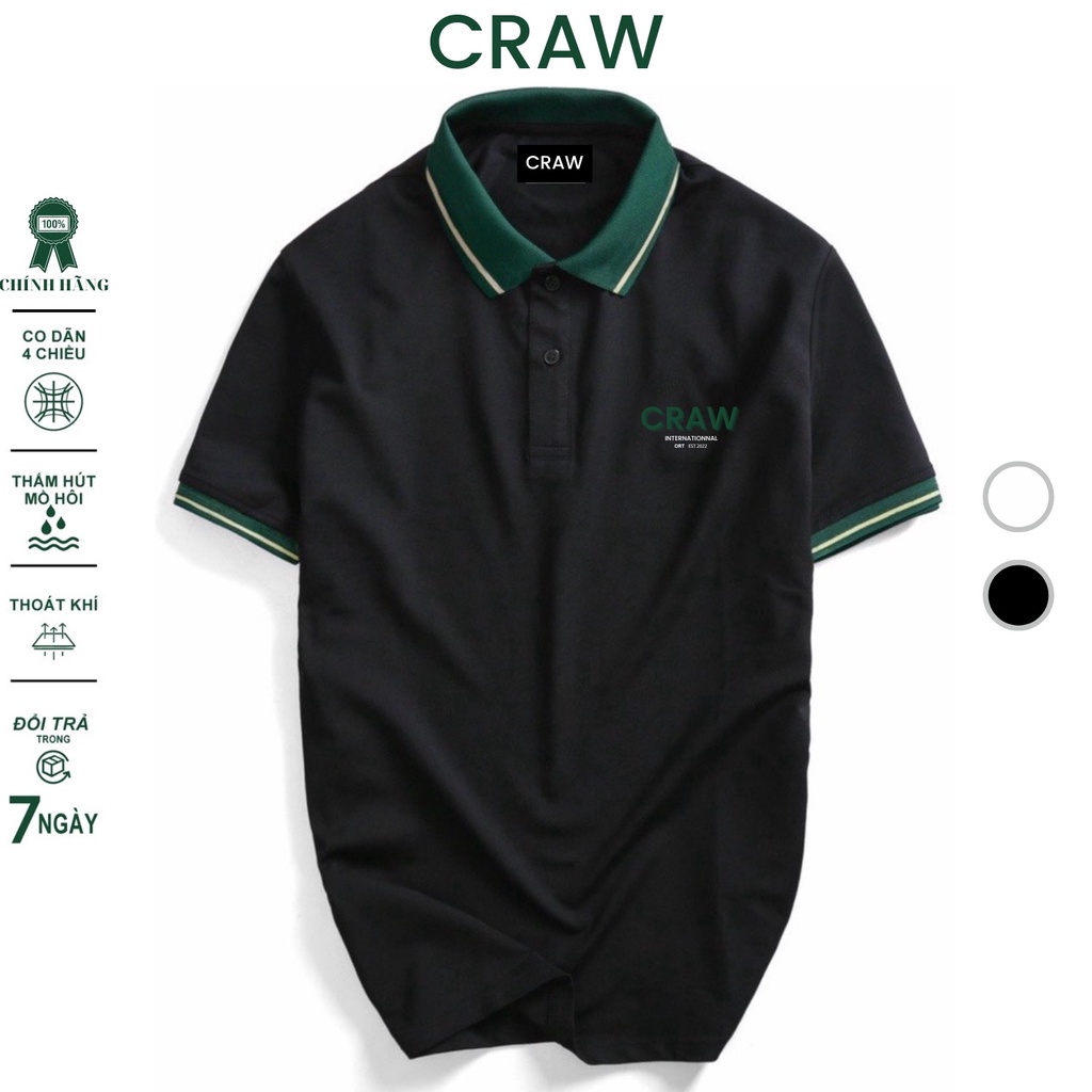 Áo thun Polo CRAW Unisex vải cá sấu co dãn 4 chiều dày dặn form gerular fit - 1 Sọc Xanh Be PL0043