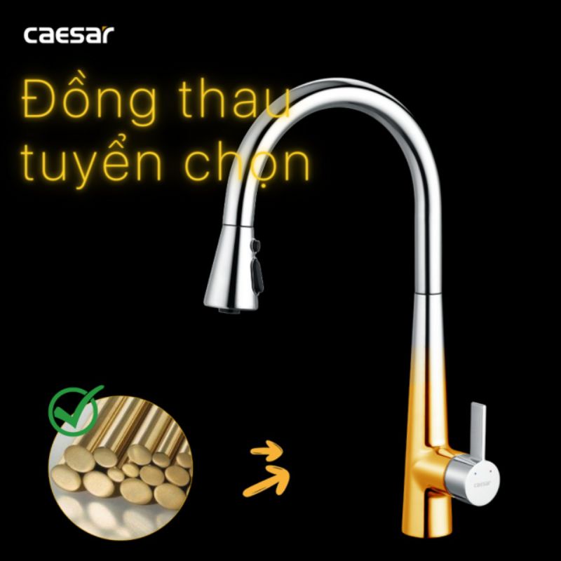 Vòi rửa chén rút dây nóng lạnh Caesar K905C, Vòi bếp 2 đường nước, Cam kết chính hãng