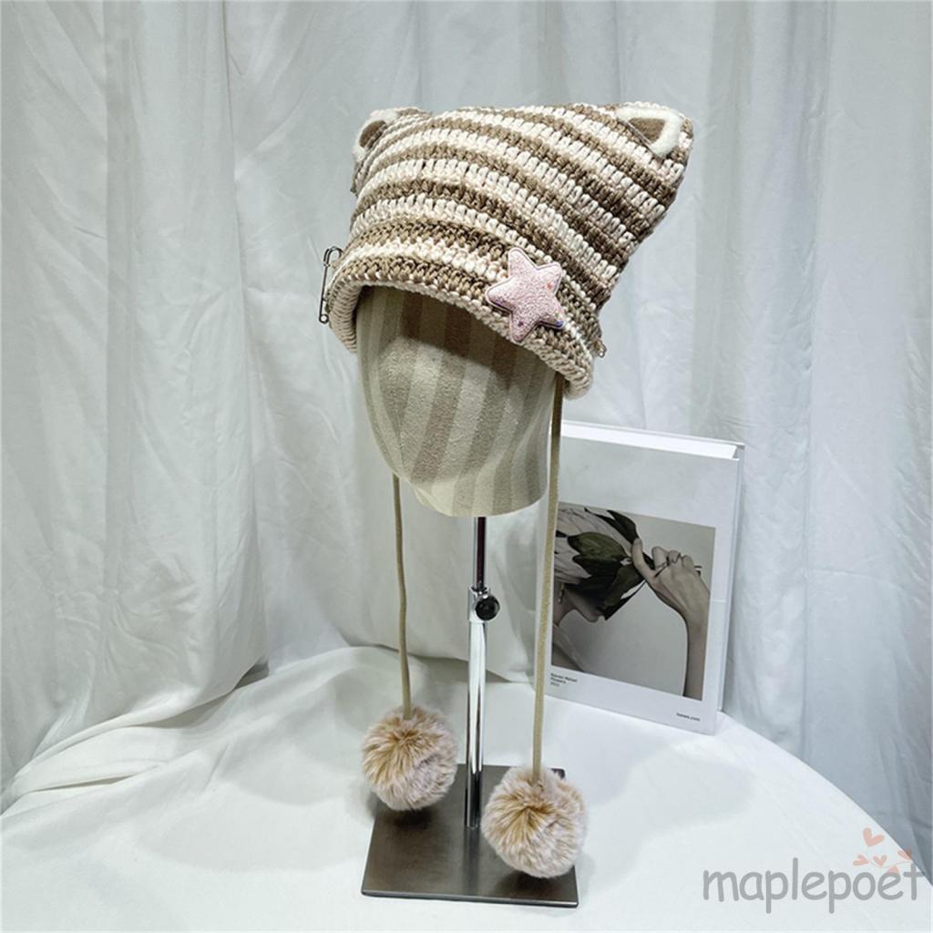 Mũ beanie Đan Thủ Công Đính Tai Mèo Dễ Thương Cho Nữ