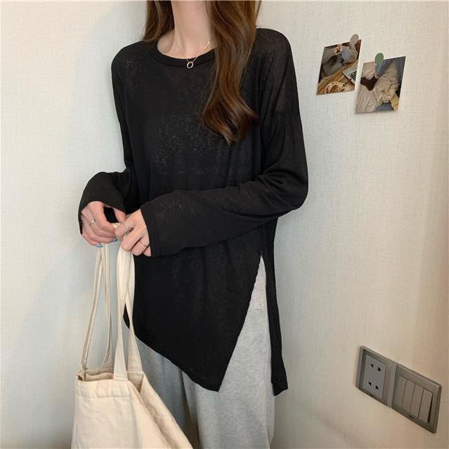 Áo thun xẻ tà nữ tay dài cotton xược, thun giấy, vân xược NEONVN, Tay dài, xẻ tà siêu xinh