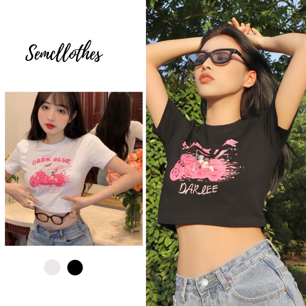 Áo croptop tay ngắn - áo thun nữ cổ tròn in hình màu hồng dễ thương A029