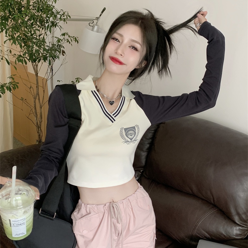 Áo thun croptop SUXI tay dài cổ chữ V dáng ôm thời trang mùa xuân cho nữ