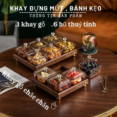 Hũ thuỷ tinh đựng mứt tết, khay đựng mứt tết xinh xắn gồm ván gỗ