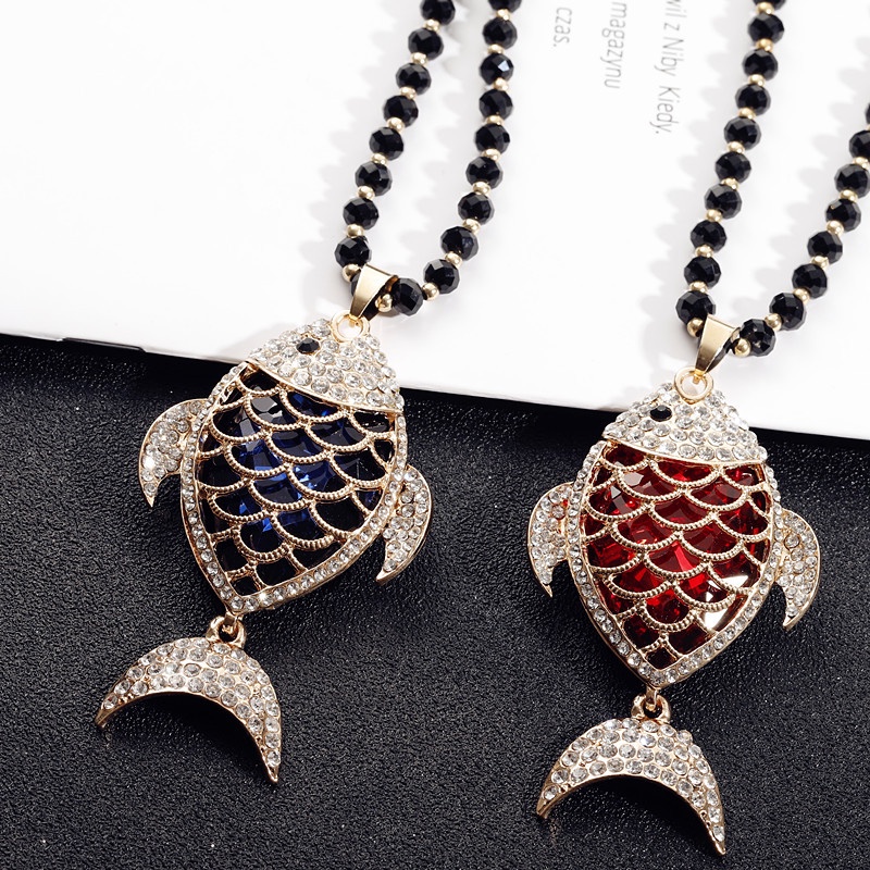 Vòng cổ Dài Mặt Hình Cá Đính Đá Pha Lê Xanh Đỏ Cho Nữ