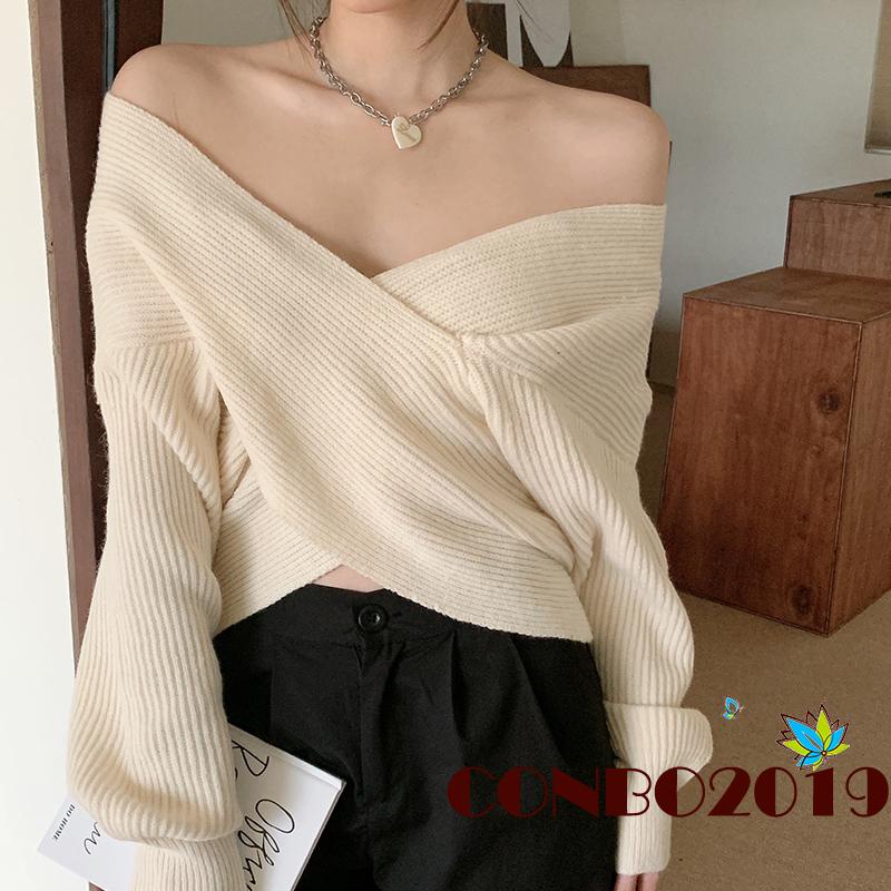 Áo Sweater Dệt Kim Tay Dài Màu Sắc Đơn Giản Cho Nữ