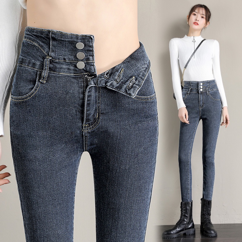 Quần Jean Dài Lưng Cao Dáng Ôm 3 Nút Thời Trang Cho Nữ